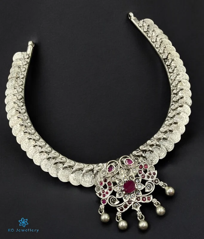 luxury necklaces for women -unique necklaces for women -The Mohini Silver Peacock Kasumala  Necklace (Oxidised)