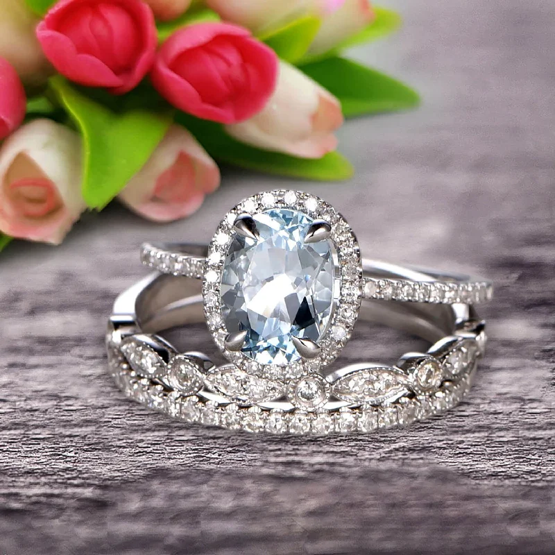 custom-designed engagement rings -custom-designed engagement rings -2 Carat Oval Cut Aquamarine Wedding Anniversary Gift Engagement Ring On 10k White Gold With Matching Band Art Deco Vintage Look