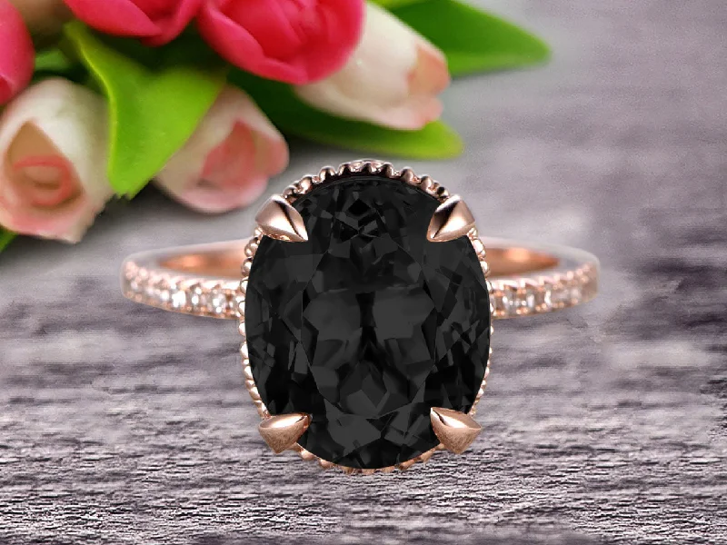 bespoke engagement rings -bespoke engagement rings -1.50 Carat Oval Cut Black Diamond Moissanite Engagement Ring Wedding Ring Anniversary Gift On 10k Rose Gold Filigree Retro Vintage Floral Set