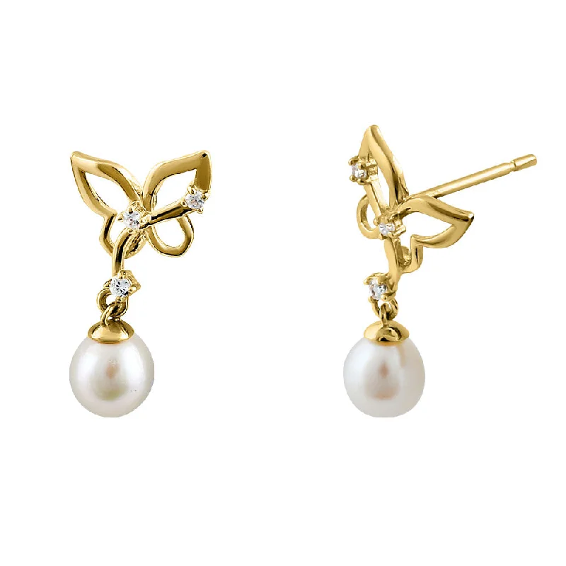 women’s ear cuff earrings -women’s ear cuff earrings -Solid 14K Yellow Gold Butterfly Pearl CZ Earrings