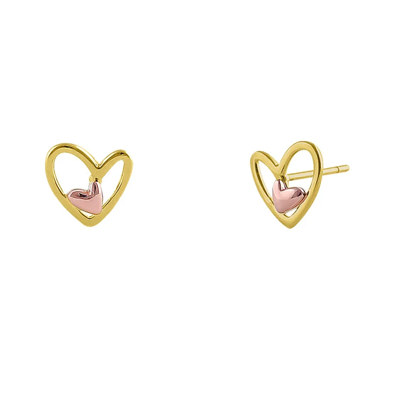 fancy earrings for women -trendy gold earrings for women -Solid 14K Yellow Gold & Rose Gold Double Heart Earrings