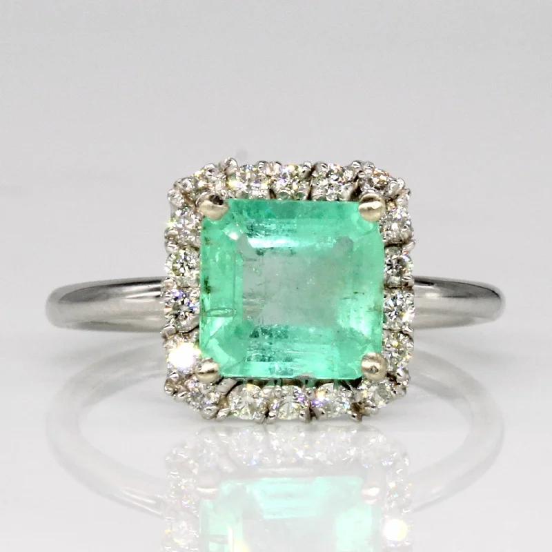 mixed metal rings for women -Emerald & Diamond Halo Ring | 1.58ct, 0.28ctw | SZ 6.25 |