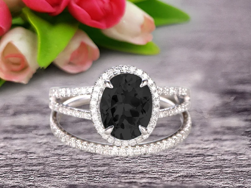 rose gold engagement rings -rose gold engagement rings -1.75 Carat Black Diamond Moissanite Oval Shape With Split Shank Halo Design Engagement Ring