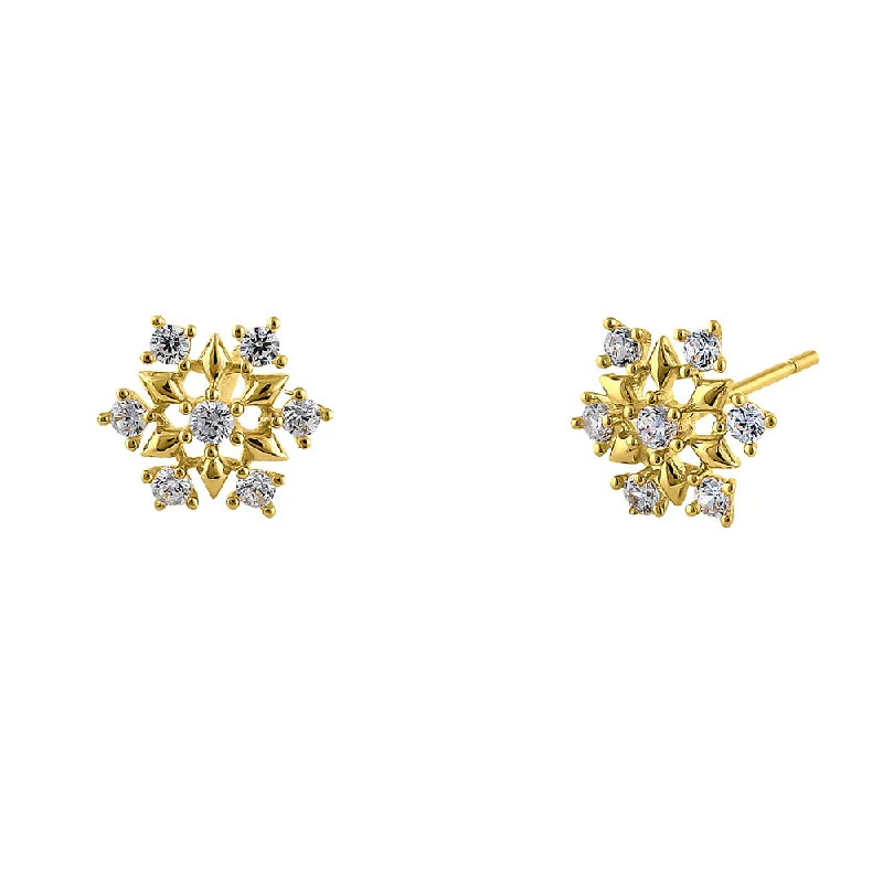 chic statement earrings -evening earrings for women -Solid 14K Yellow Gold Snowflake CZ Earrings