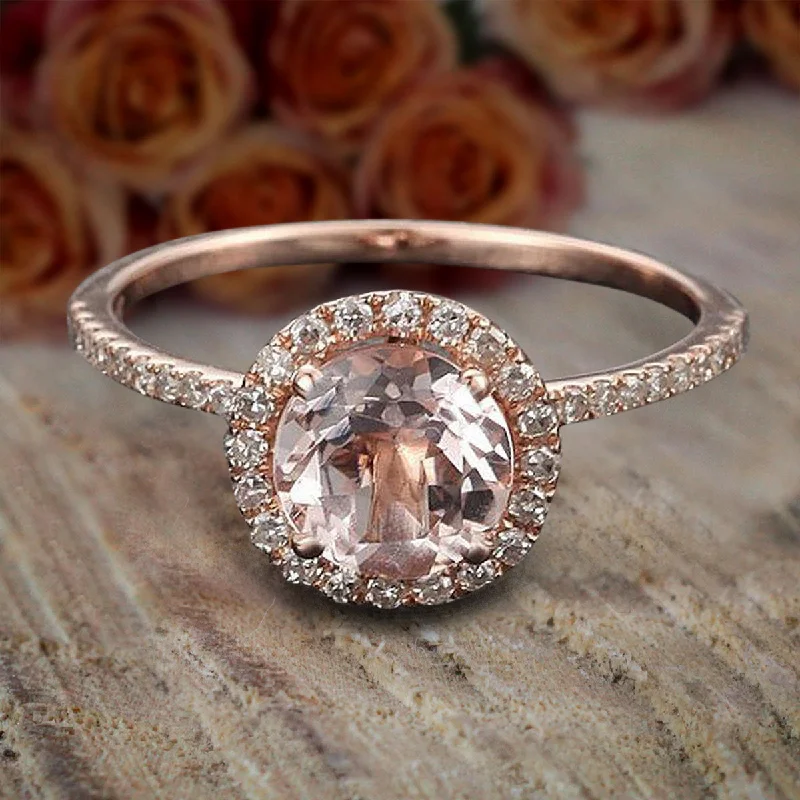 custom-made engagement rings for women -custom-made engagement rings for women -Limited Time Sale Antique 1.25 Carat Round Cut Morganite And Diamond Moissanite Halo Engagement Ring in 10k Rose Gold