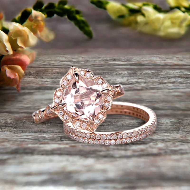 round cut engagement rings for women -round cut engagement rings for women -Trio Set 10k Rose Gold 2 Carat Morganite Wedding Set Engagement Ring Antique Stacking Matching Band Art Deco