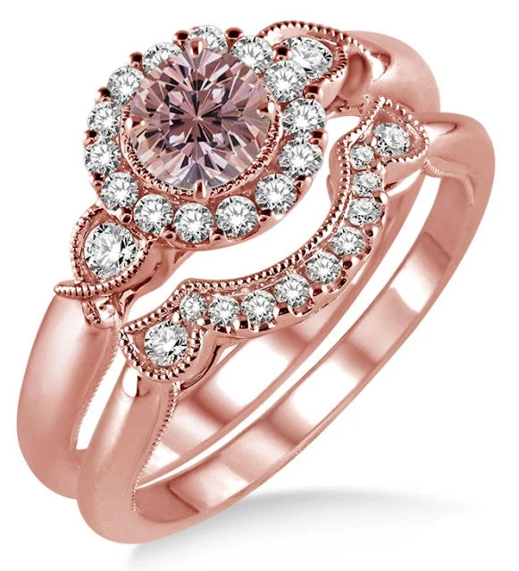 women’s engagement ring sets -women’s engagement ring sets -Cllasic Art Deco Round Cut 1.25 Carat Morganite And Diamond Moissanite Engagement Ring in 10K Rose Gold