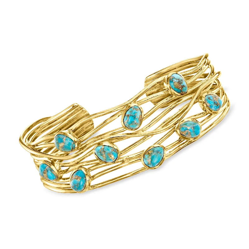 colorful gemstone bangles -Ross-Simons Turquoise Highway Cuff Bracelet in 18kt Gold Over Sterling