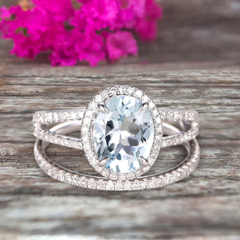 rose gold engagement rings -rose gold engagement rings -1.75 Carat Oval Cut Aquamarine Bridal Ring Set Anniversary Gift Engagement Ring On 10k White Gold Art Deco Stacking Matching Wedding Band