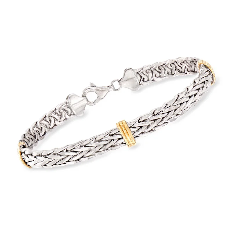 classic bangles for women -Ross-Simons Sterling Silver and 14kt Yellow Gold Wheat Bracelet