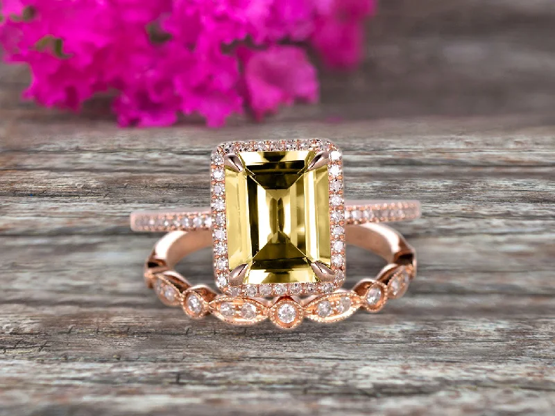 round cut engagement rings for women -round cut engagement rings for women -1.75 Carat Emerald Cut Champagne Diamond Moissanite Engagement Ring Set Bridal Ring 10k Rose Gold Art Deco Halo Stacking Matching Band Shining Startling Ring Gift