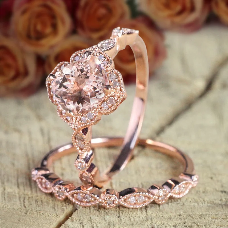 women’s simple wedding rings -women’s simple wedding rings -Halo Art Deco 1.50 Carat Cushion Cut Morganite And Diamond Moissanite Engagement Ring Bridal Wedding Ring Set in 10k Rose Gold