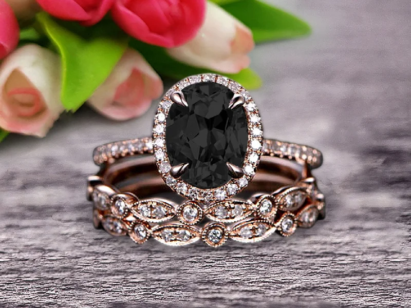 colorful gemstone engagement rings -colorful gemstone engagement rings -Milgrain Art Deco 2 Carat Black Diamond Moissanite Engagement Ring 10k Rose Gold Oval Cut Gemstone Promise Ring Trio Set Glaring Staggering Ring