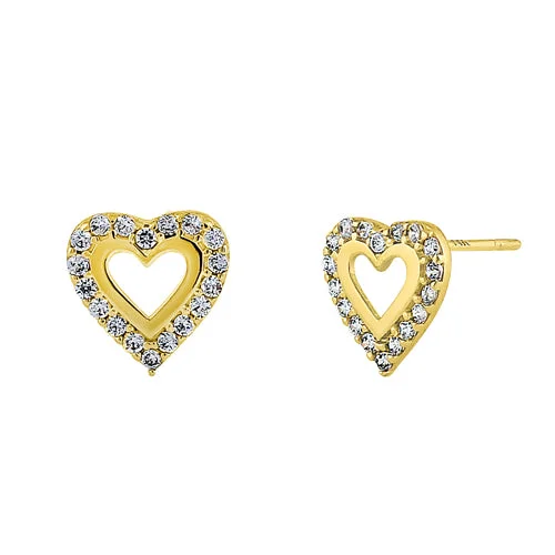 handmade earrings for women -silver stud earrings for women -Solid 14K Yellow Gold Inner Heart Clear Round CZ Earrings