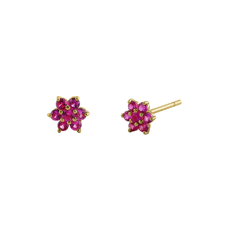 statement earrings for women -pearl earrings for women -Solid 14K Yellow Gold Dainty Flower Ruby CZ Earrings