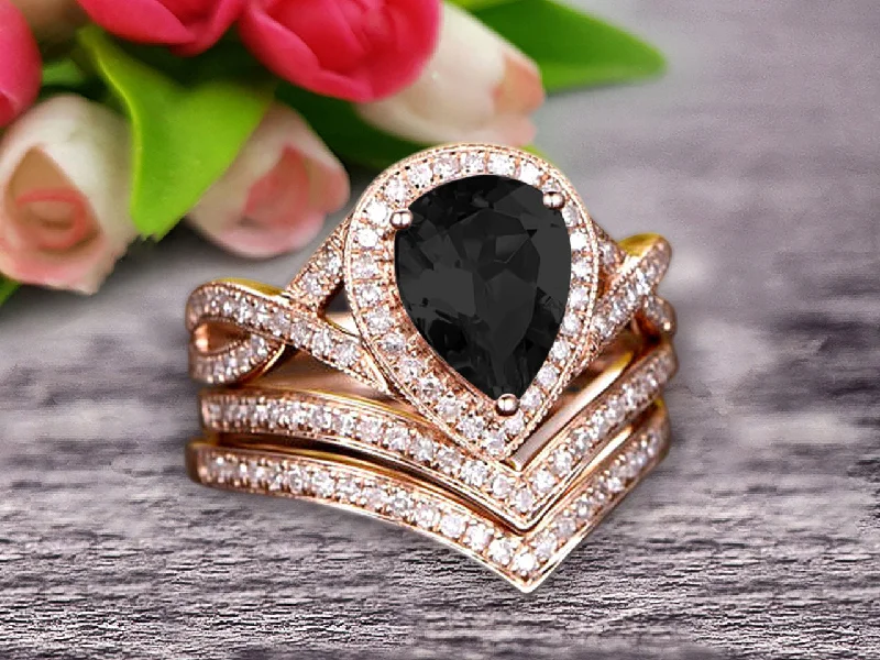 yellow gold engagement rings -yellow gold engagement rings -Milgrain 10k Rose Gold 2.25 Carat Black Diamond Moissanite Engagement Ring Trio Set Wedding Ring Pear Shape Black Diamond Moissanite Ring Curved V-Shape Stacking Matching Wedding Band Art Deco Halo Ring