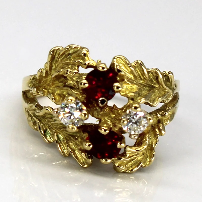 stylish rings for women -Ruby and Diamond Leaf 18k Ring| 0.54ct, 0.28ct | SZ 7