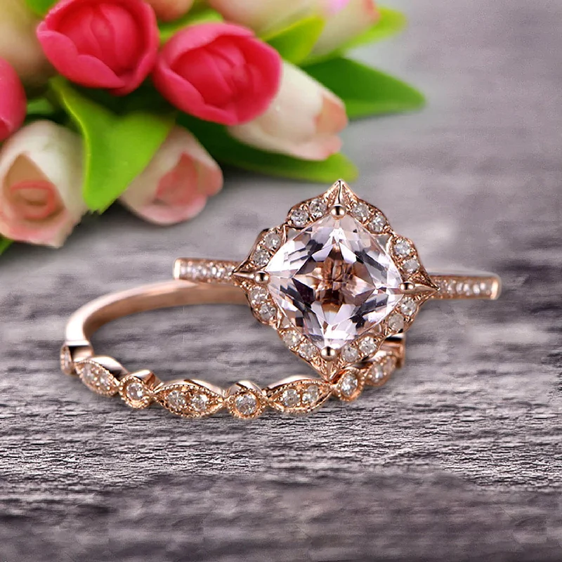 gold engagement rings for women -gold engagement rings for women -Imaginative Bridal Set Cushion Cut 1.75 Carat Morganite Wedding Set Engagement Ring 10k Rose Gold Retro Vintage Floral Marquise Matching Band