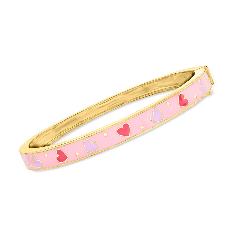 custom charm bangles for women -Ross-Simons Pink and Purple Enamel Heart Bangle Bracelet in 18kt Gold Over Sterling