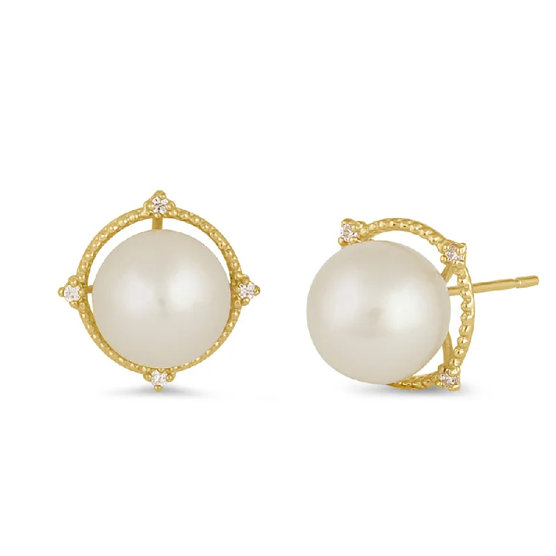 bold earrings for women -special occasion earrings for women -Solid 14K Gold Large Beaded Pearl with Clear CZ Earrings