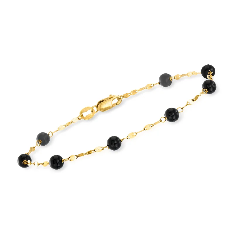 gemstone bracelets for women -Ross-Simons Italian Onyx Bead Station Bracelet in 18kt Yellow Gold